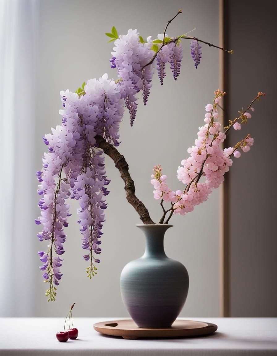 Minimalist Ikebana Still Life with Wisteria and Cherry Bloss...