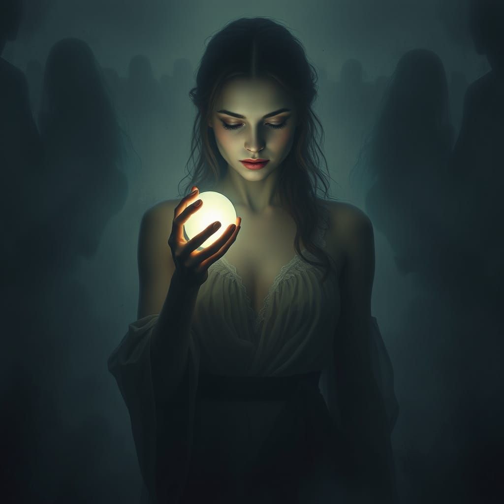 Woman with Glowing Pearl in Grungy Shadowscape