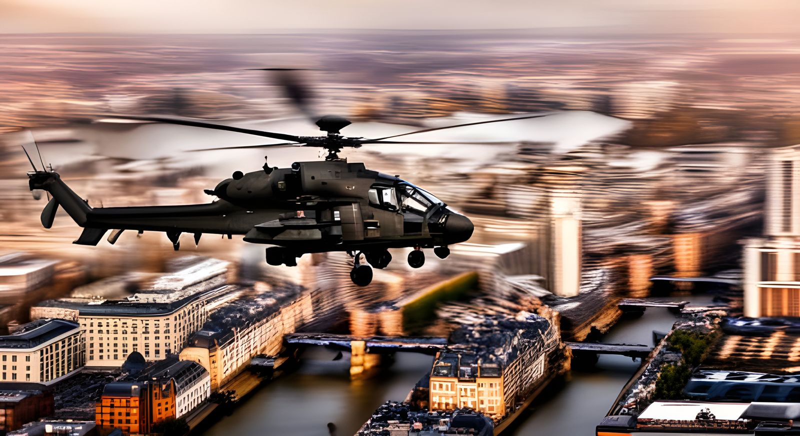 Military Helicopter Over City