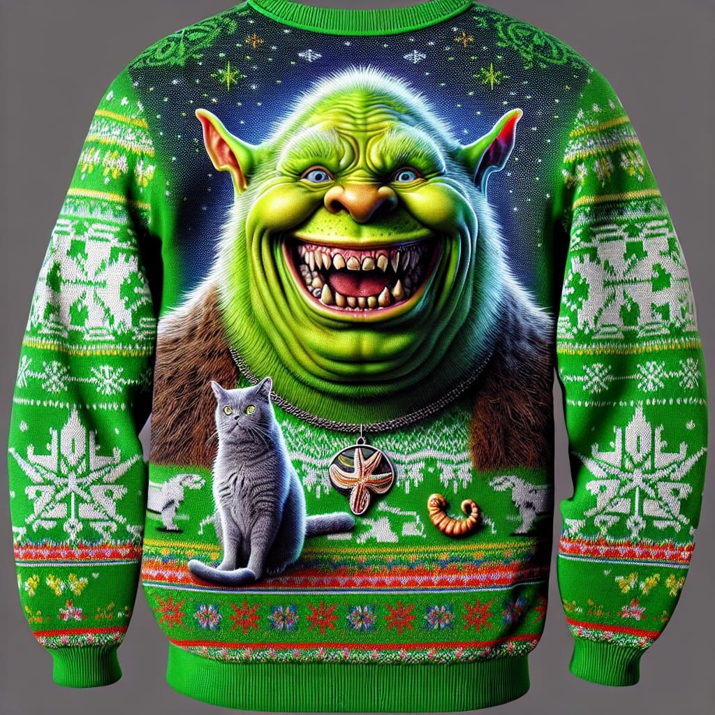 Ogre Smiles with Glee in Christmas Sweater