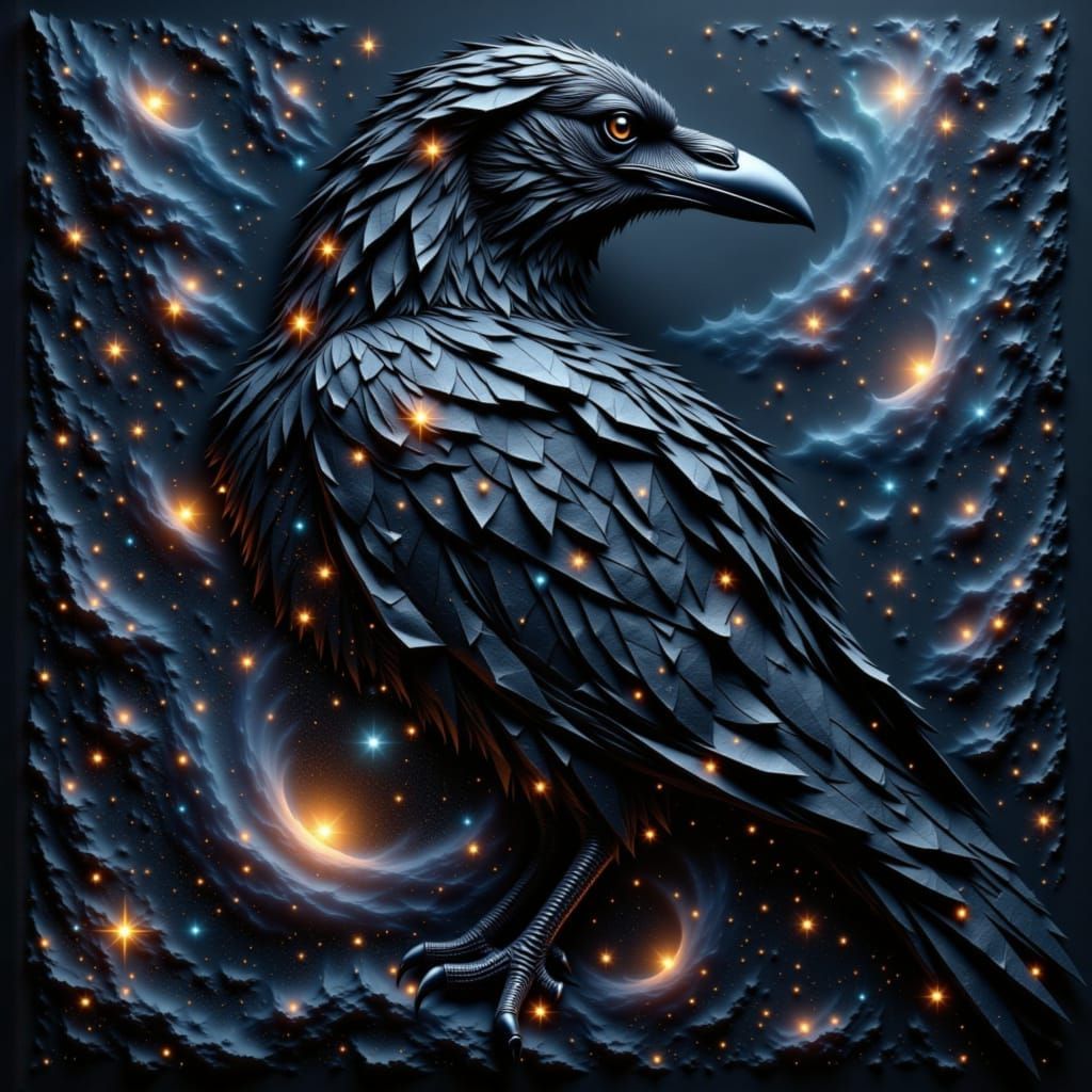 Origami Raven Double Exposure with Starry Texture