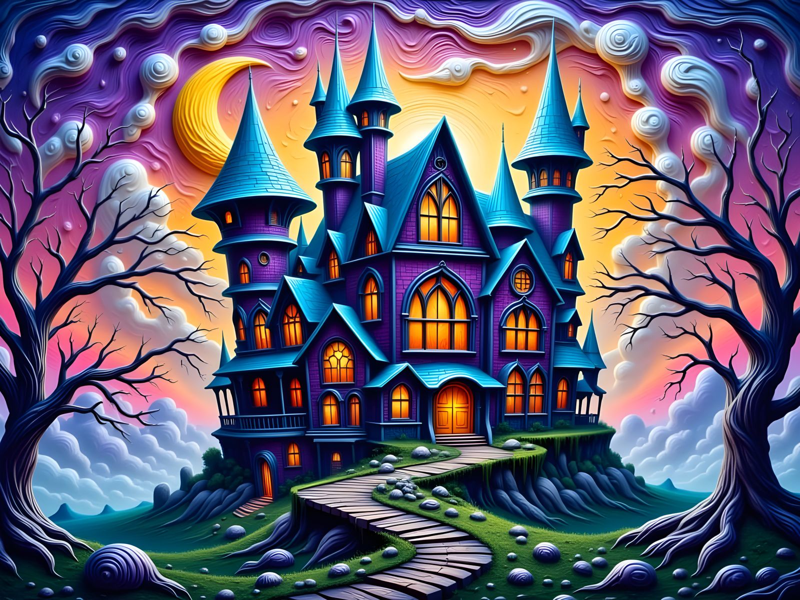 Whimsical Haunted Mansion in Vibrant Impasto Style