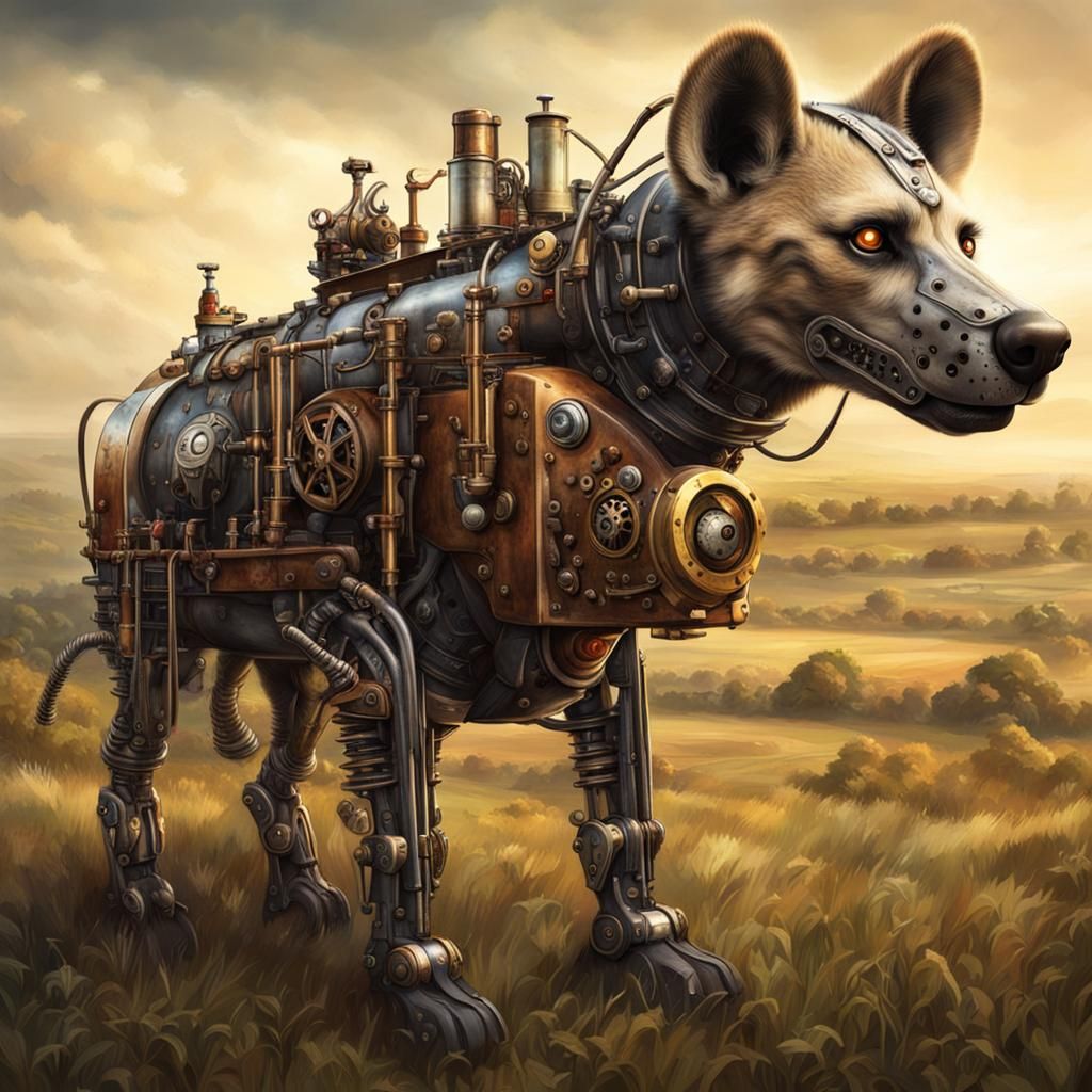 Steampunk Cyborg Hyena Guarding Country Farm