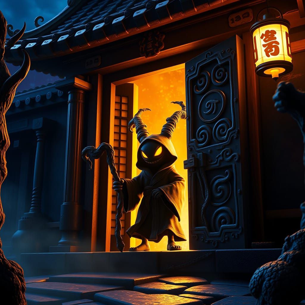 Mysterious Dark-Robed Yo-kai Figure with Twisted Staff