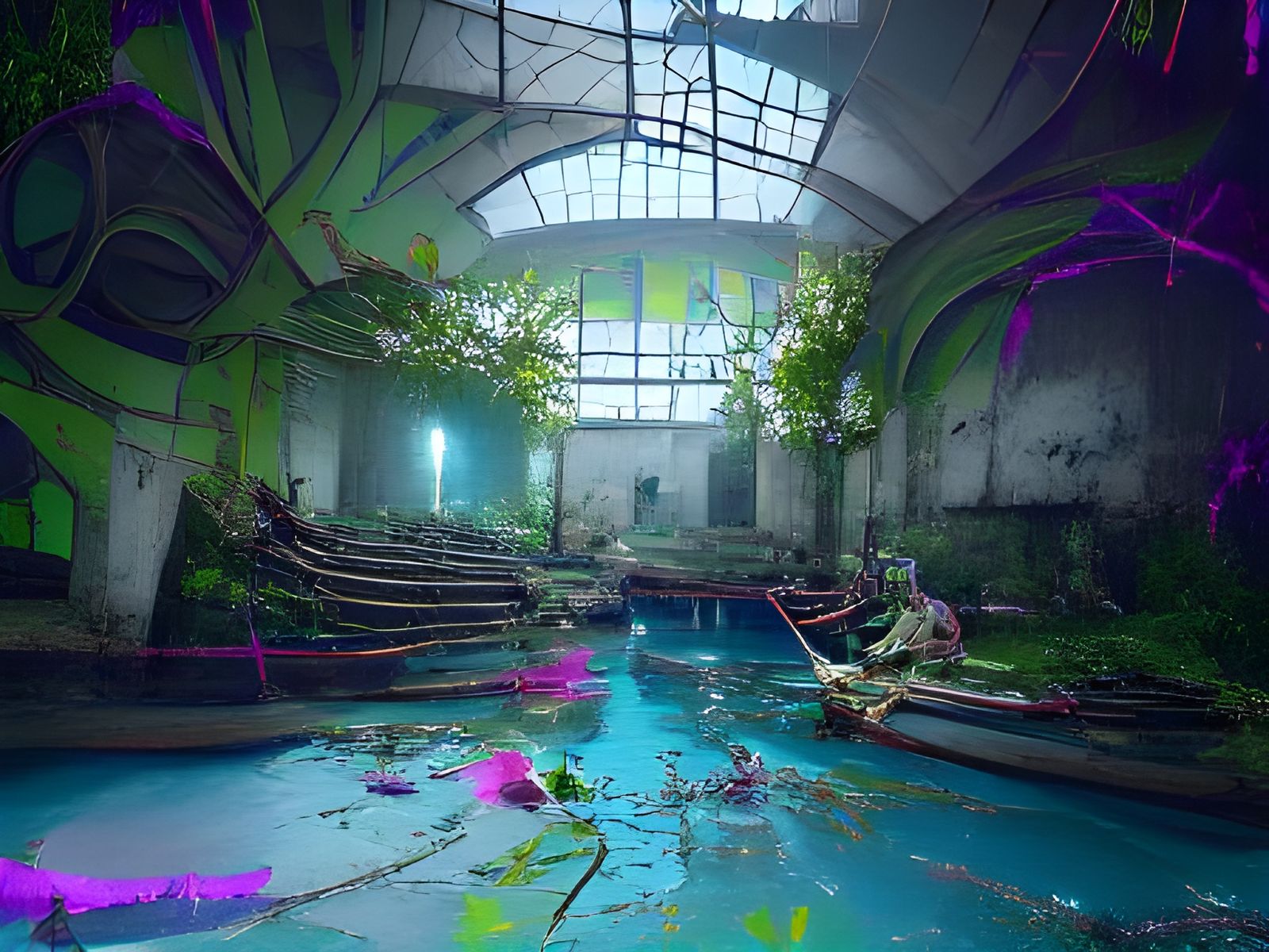 Abandoned Overgrown Pool in Rococo Cyberpunk Style