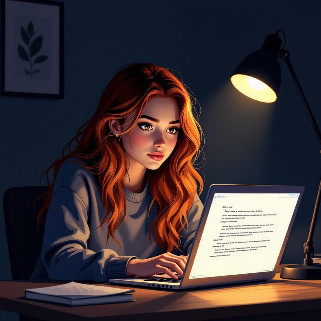 Teenage Girl Studies Late Night Essay Glowing Laptop