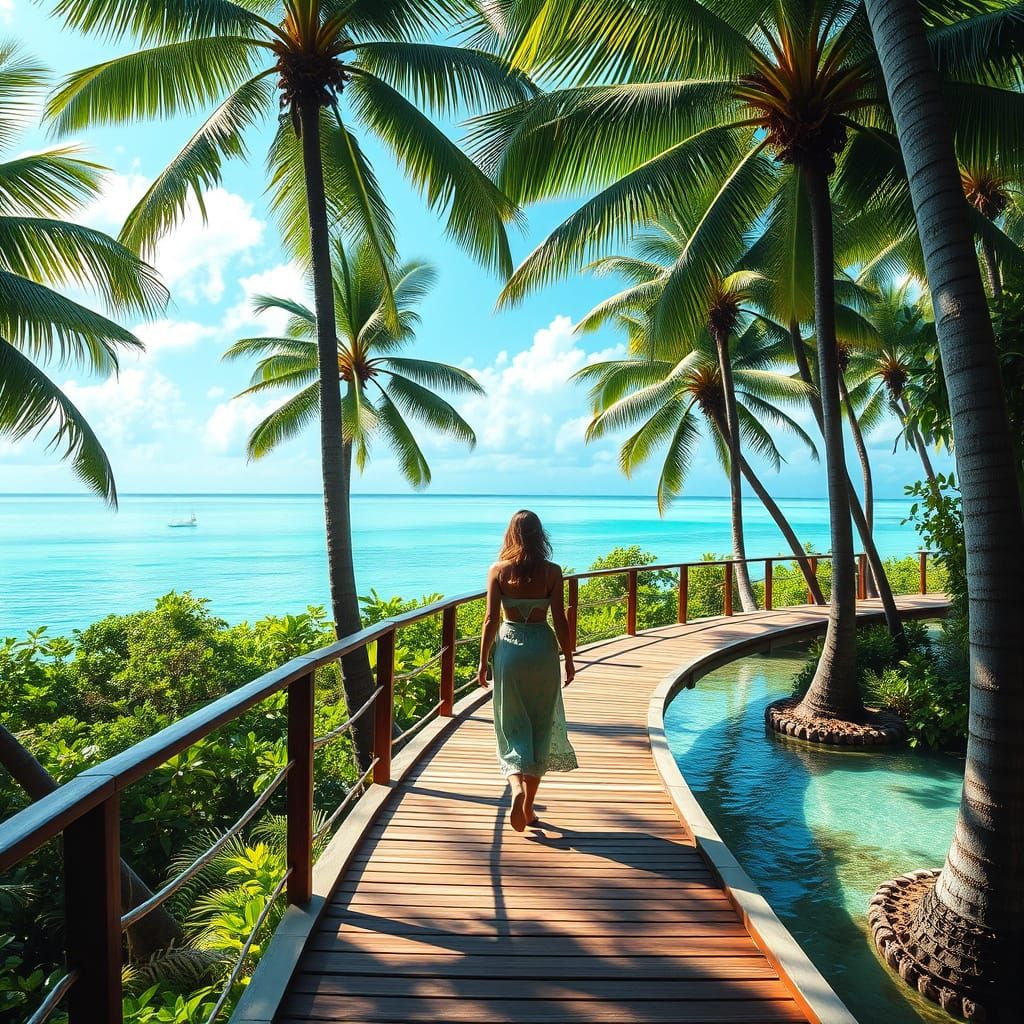 Tropical Boardwalk Scene in Hyperrealistic Style