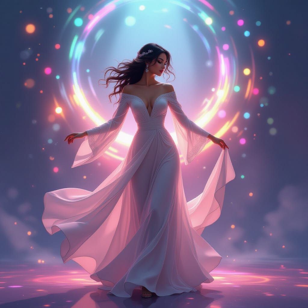 Woman Dancing Amidst Vibrant Swirling Lights