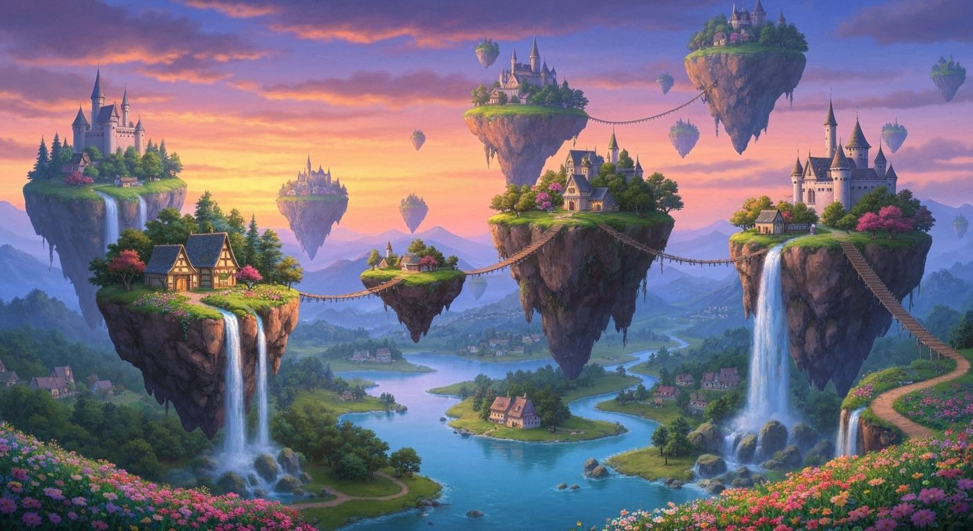Fantasy Floating Islands Utopia with Castles and Waterfalls