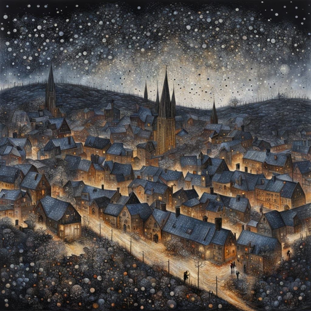 Enigmatic Medieval Town at Night as Painting
