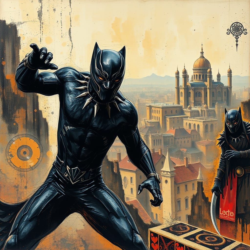 Black Panther Impasto Art Deco Action Pose