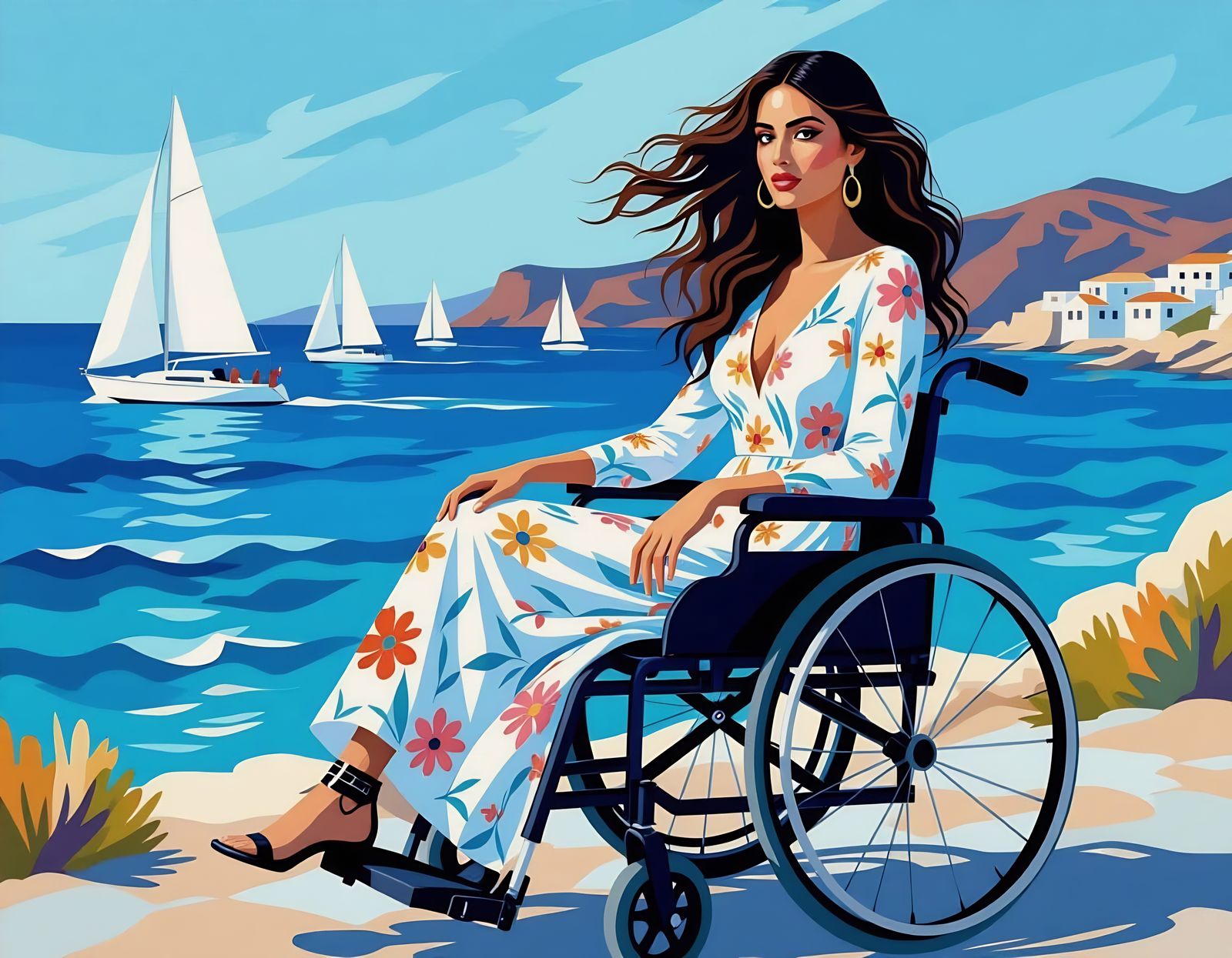 Woman in Wheelchair by Sea, Acrylic Painting Style