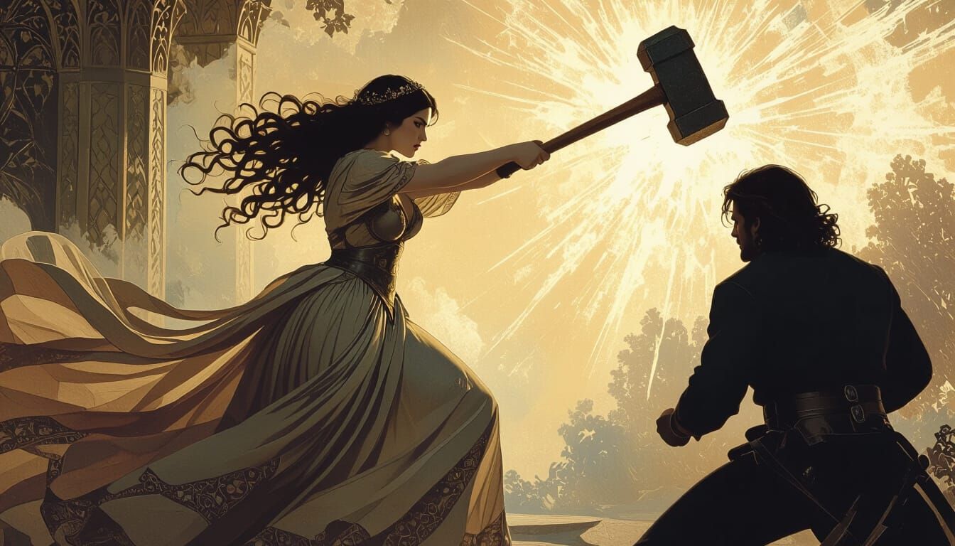 Woman with Sledgehammer in Pre-Raphaelite Style