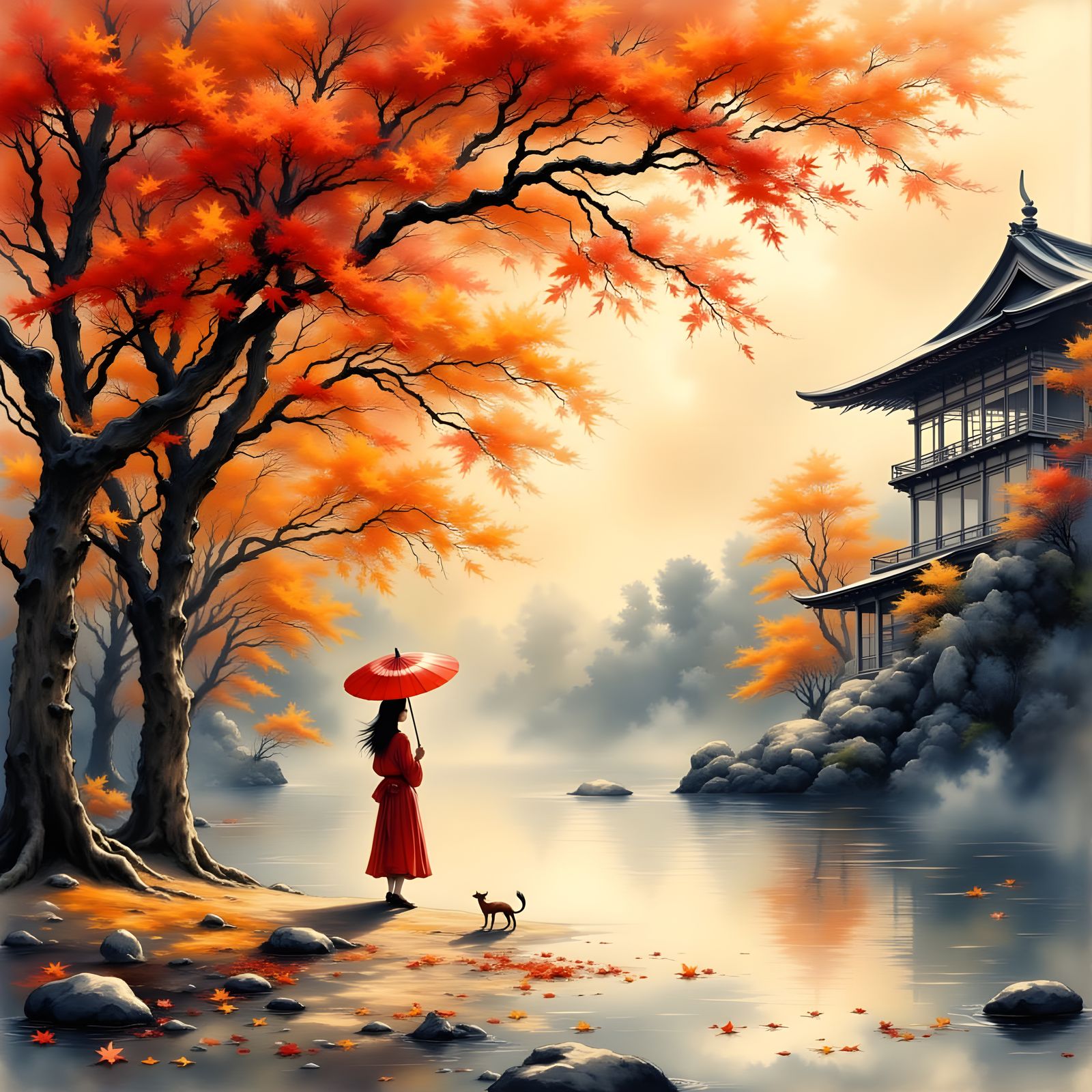 Autumn Stroll Under Umbrella in Japanese Art Style