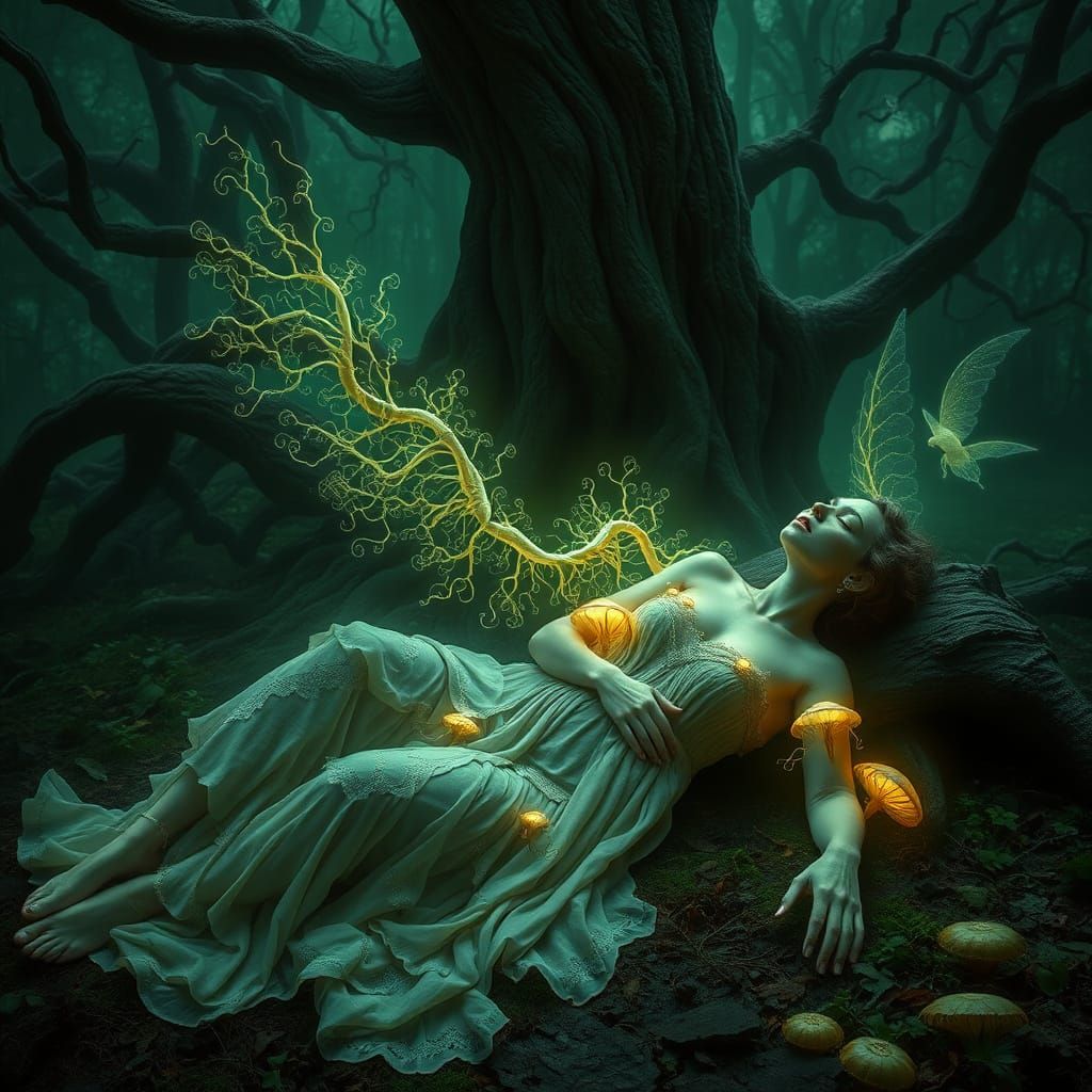 Maiden Reborn in Mycelium, Glowing Fungi