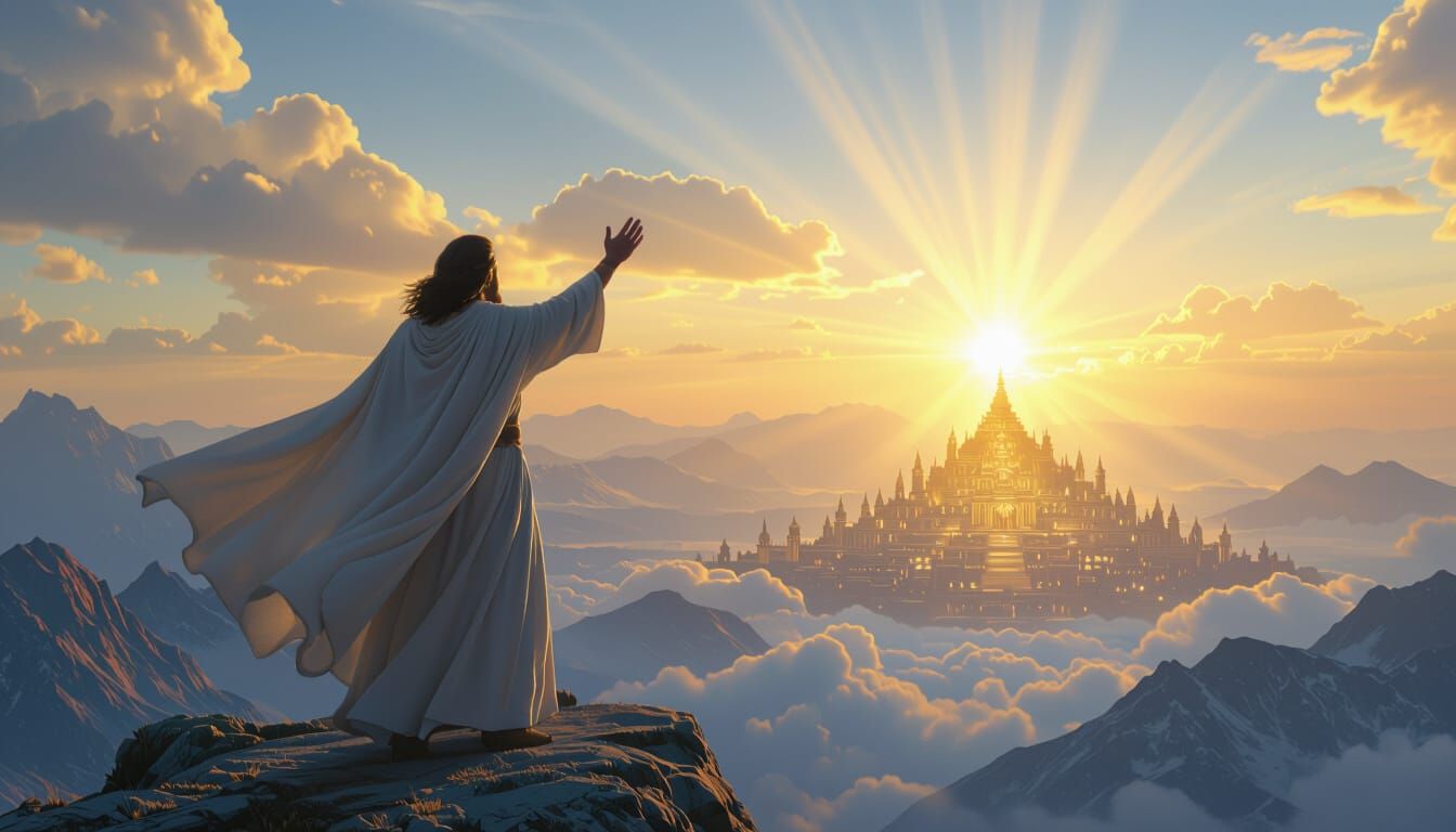 Majestic Sunrise Over Golden City with Hopeful Messenger