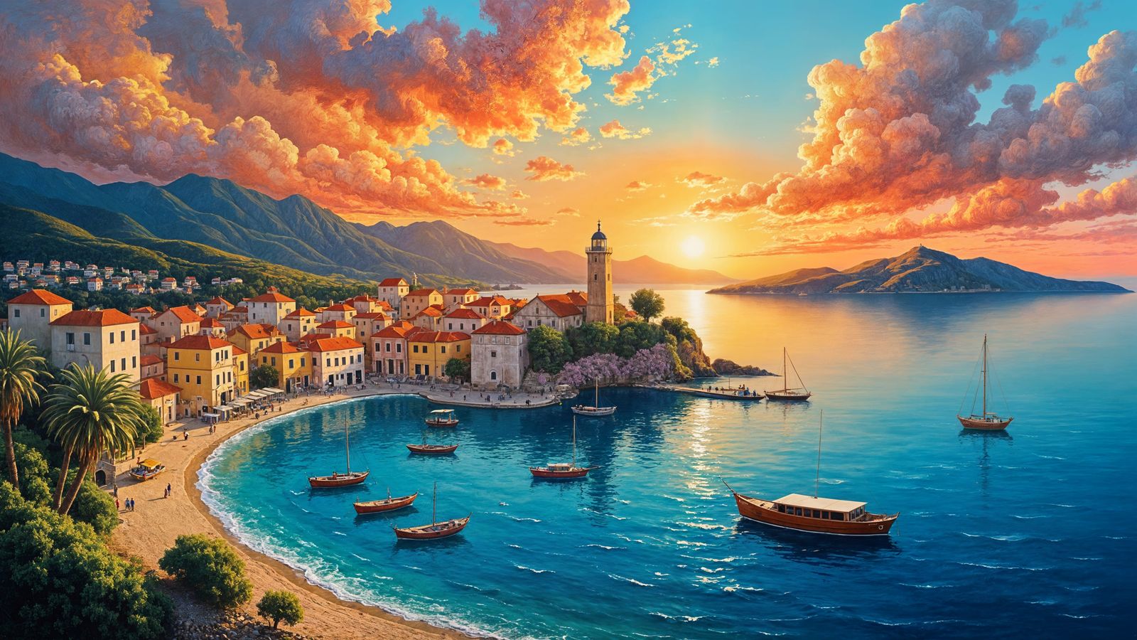 Greek Seaside Village in Acrylic Surrealism