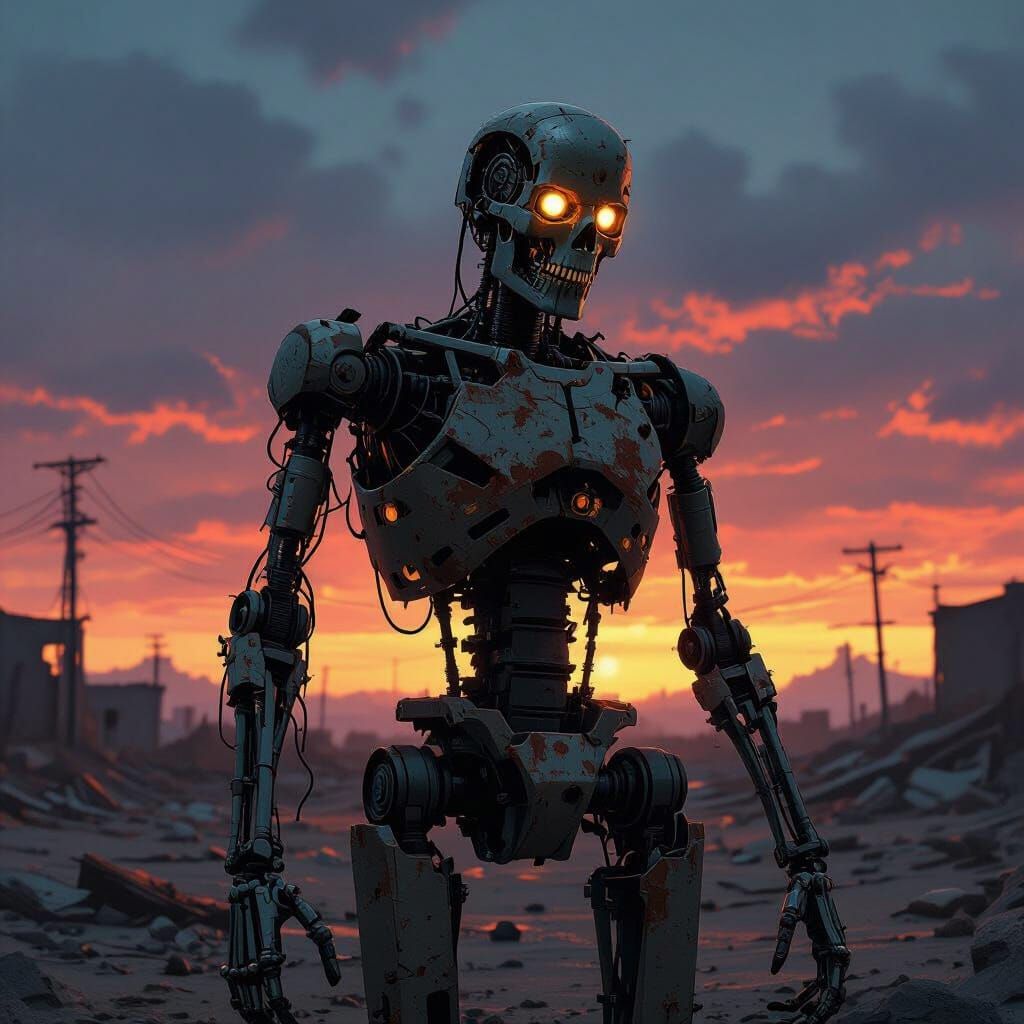 Rusted Skeletal Robot in Desolate Post-Apocalyptic Wasteland
