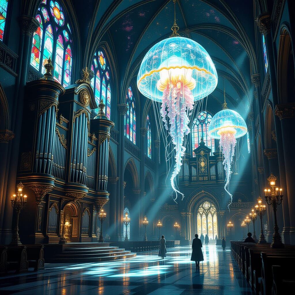 Ethereal Cathedral with Celestial Jellyfish Stained Glass