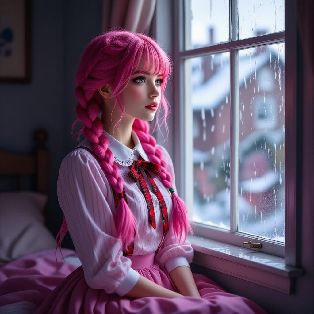 Pink Haired Woman Gazes From Rain Streaked Window