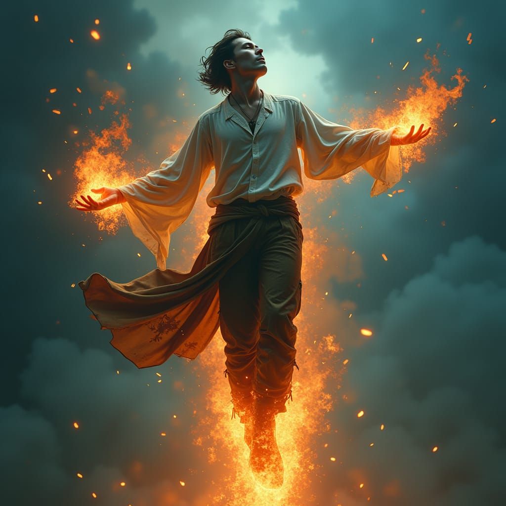 Serene Figure Amidst Flames: A Matte Painting