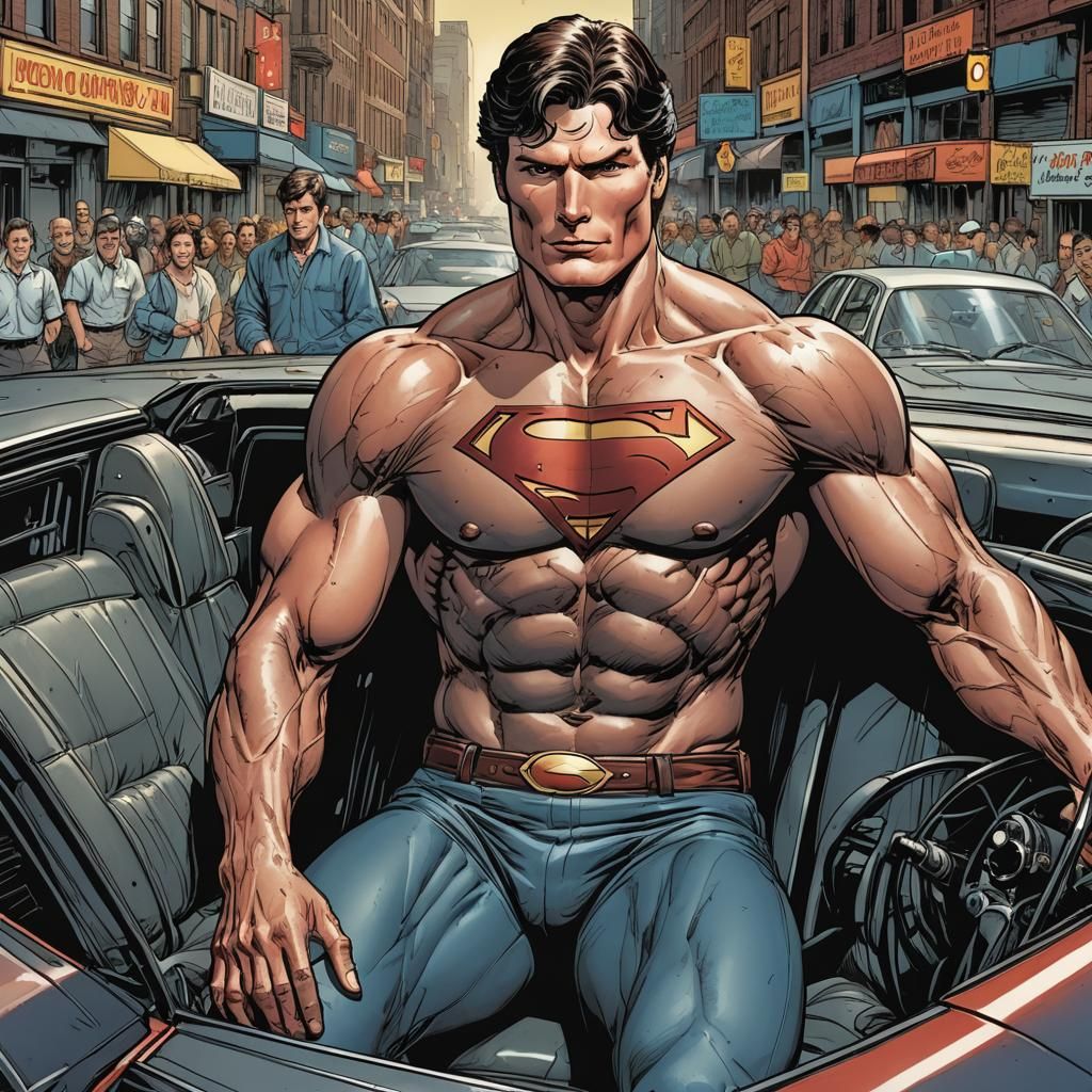 Shirtless Christopher Reeve in Car, Comic Book Art
