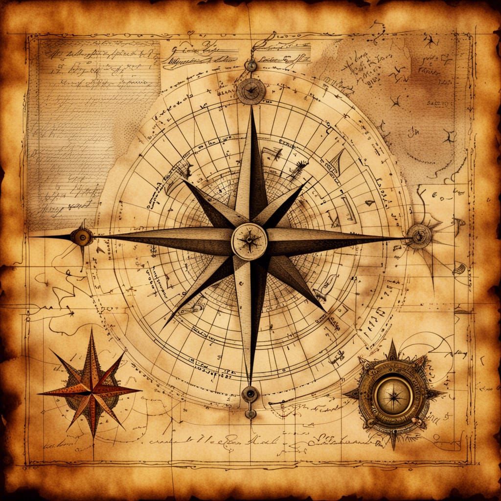 Ornate Pen and Ink Witch's Map with Compass Rose