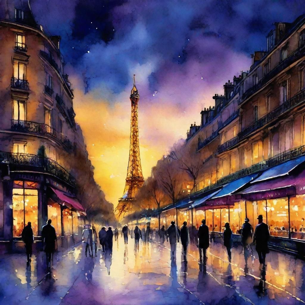 Parisian Street at Night in Watercolor Style