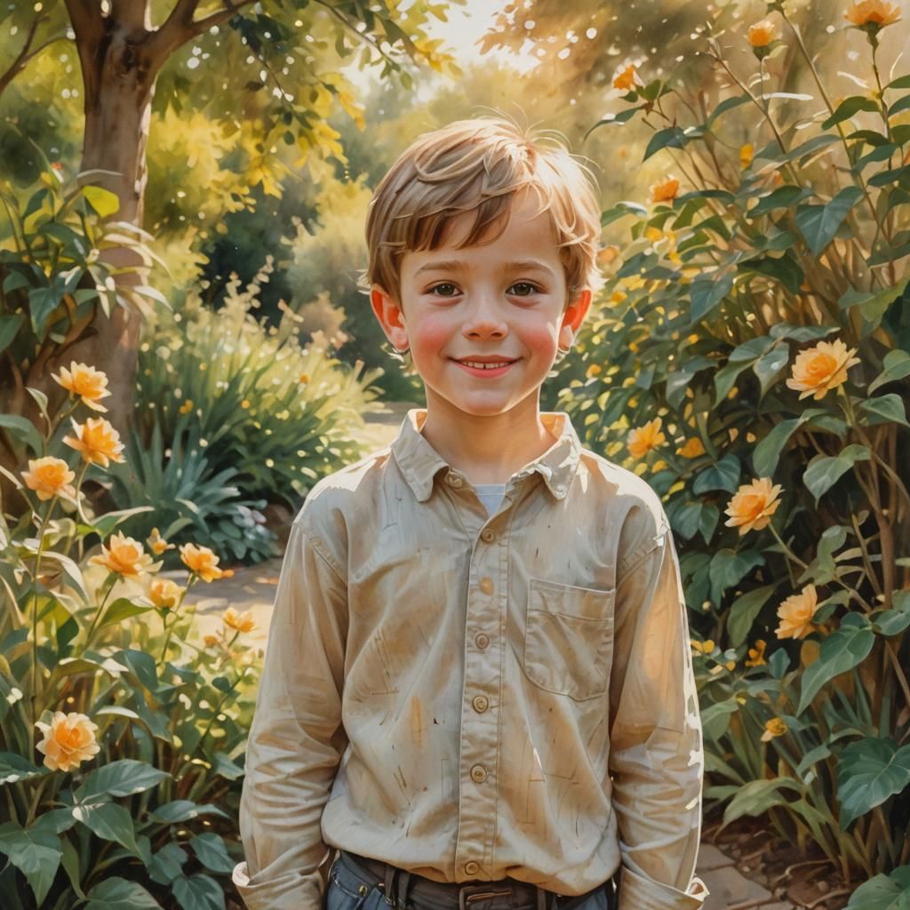 Sunlit Garden: Portrait of a Smiling Boy