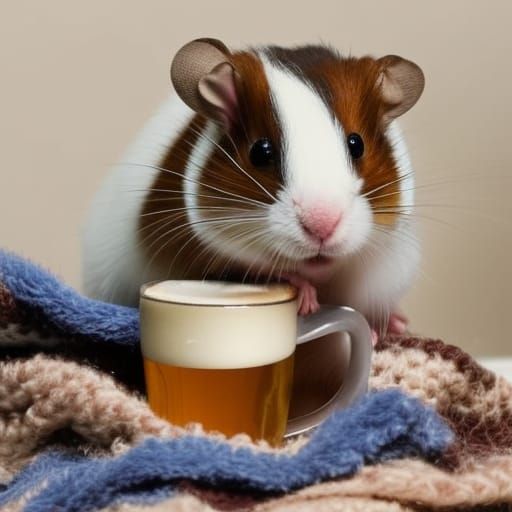 A cute little brown and white hampster, sitting on a blue fleece blanket, holding a small mug of beer.