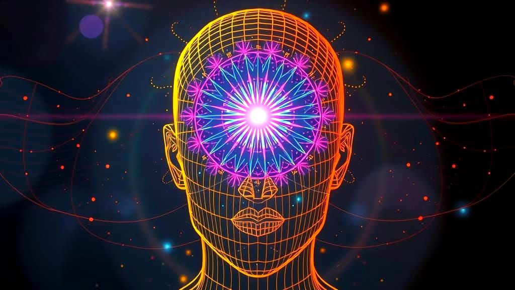 Mystical Wireframe Human Head in Cosmic Energy