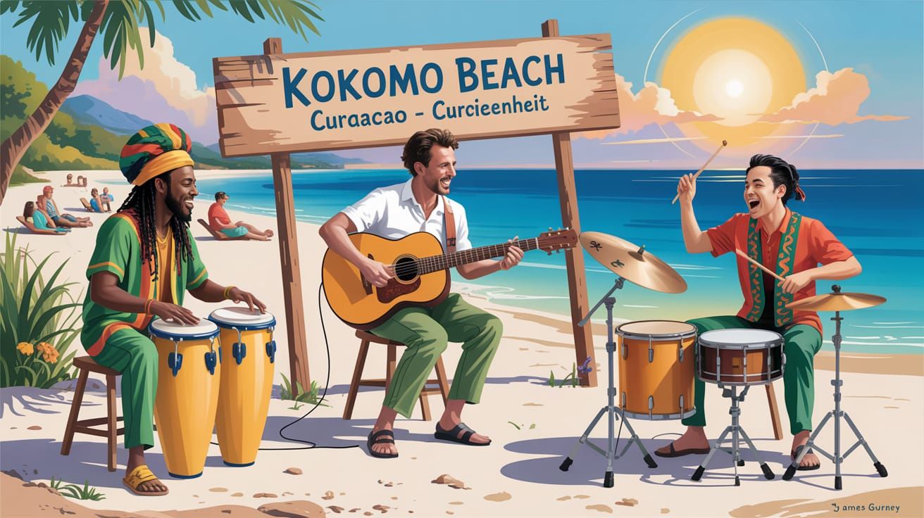 Vibrant Beach Musicians Performing in Scriptol Style Oil Pai...