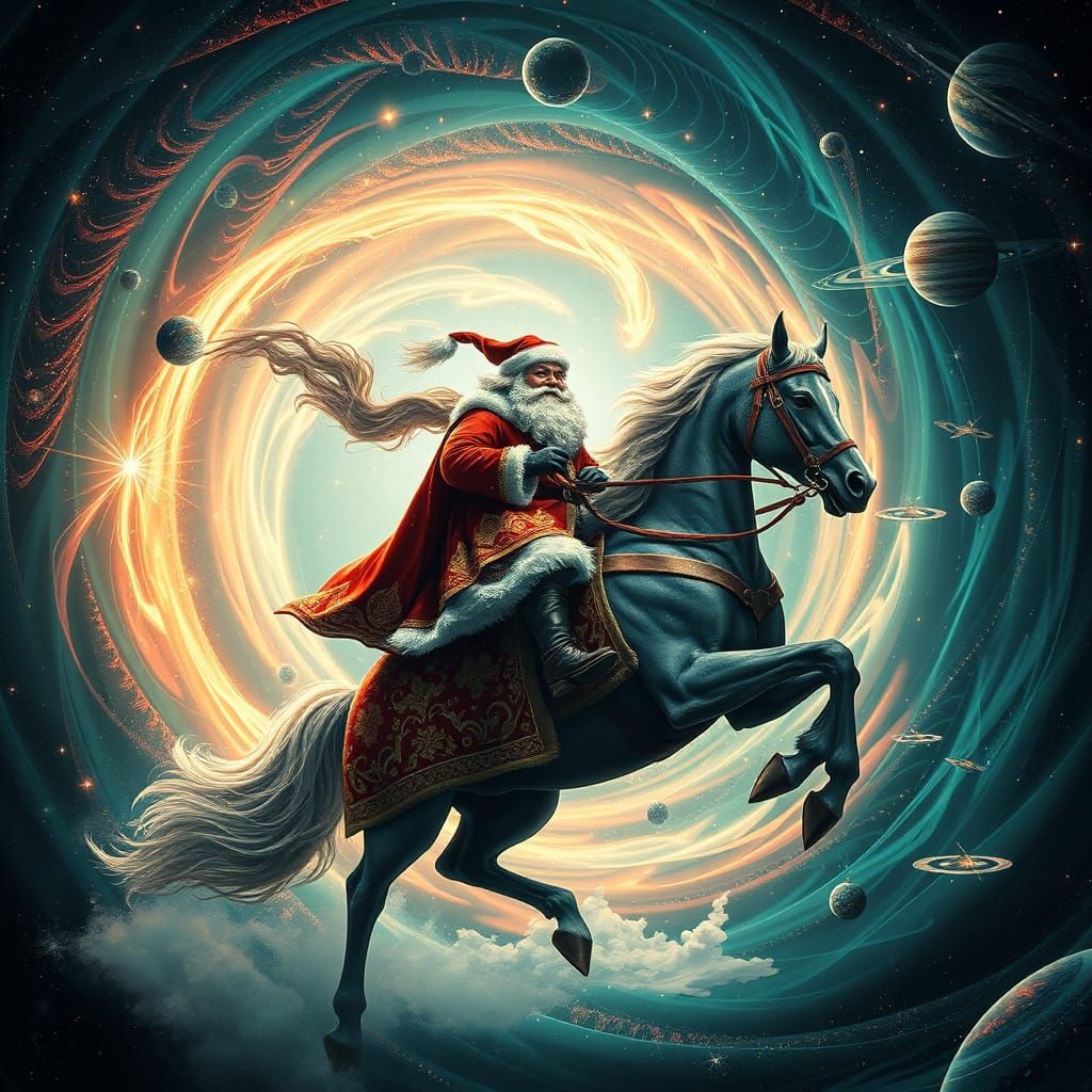 Santa Rides Equestrian Steed Through Cosmic Portal