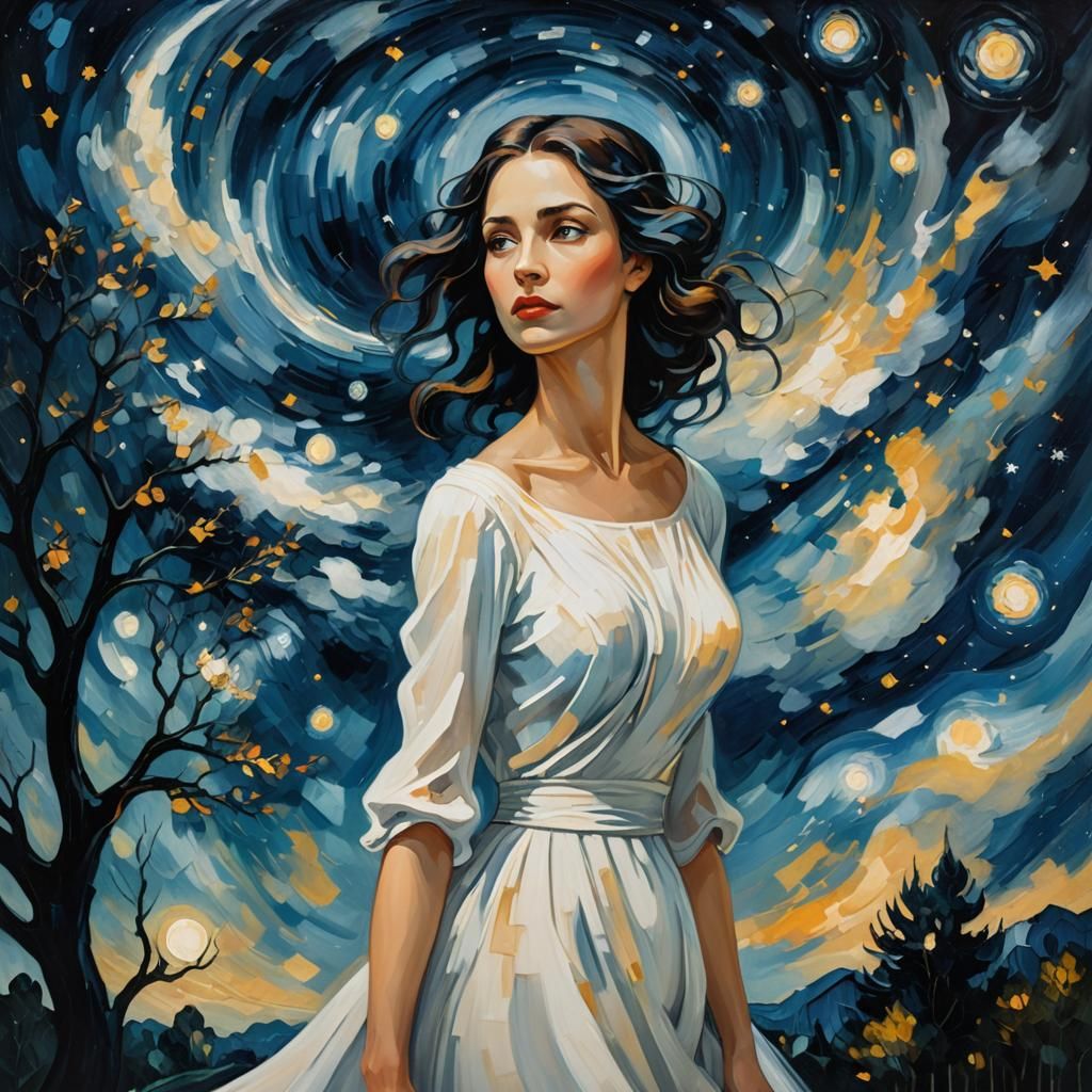 Woman in Starry Night: Abstract Expressionism
