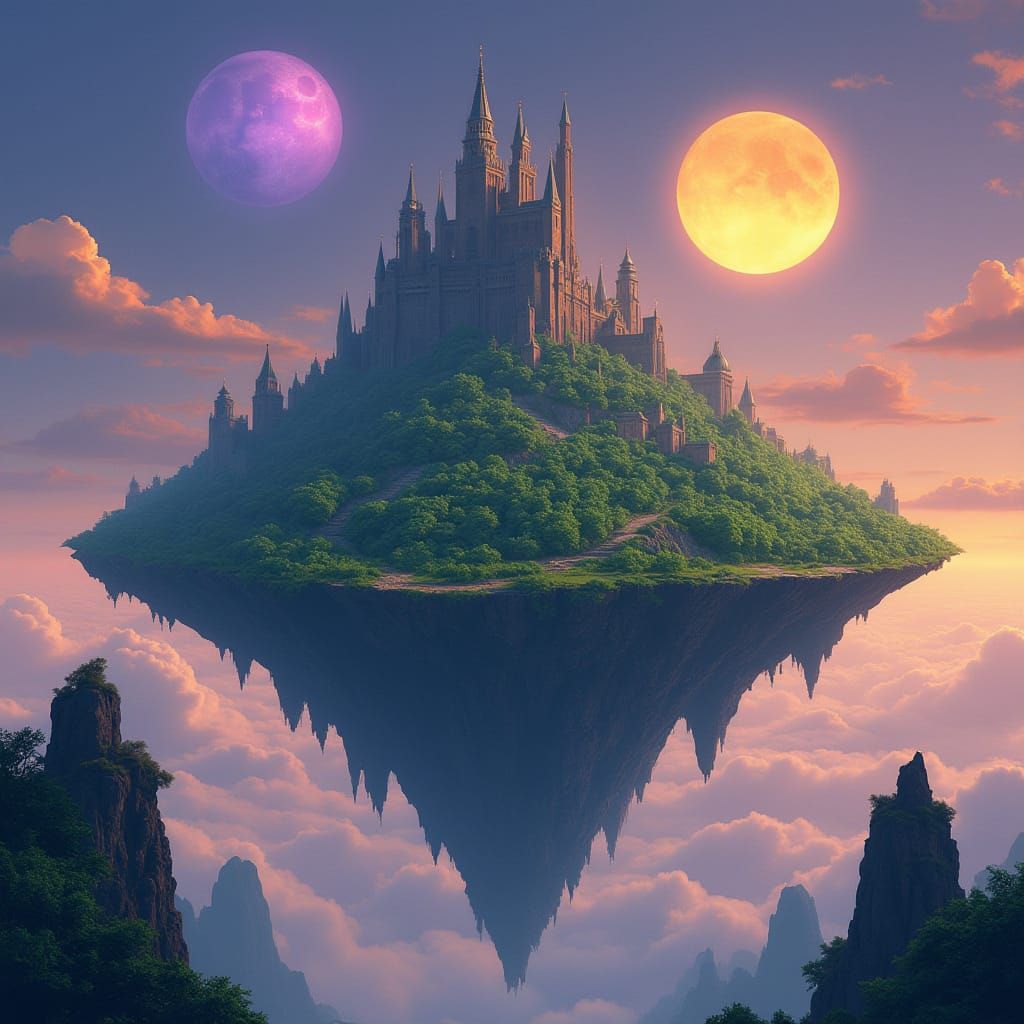 Floating Island Under Three Suns: Whimsical Digital Art