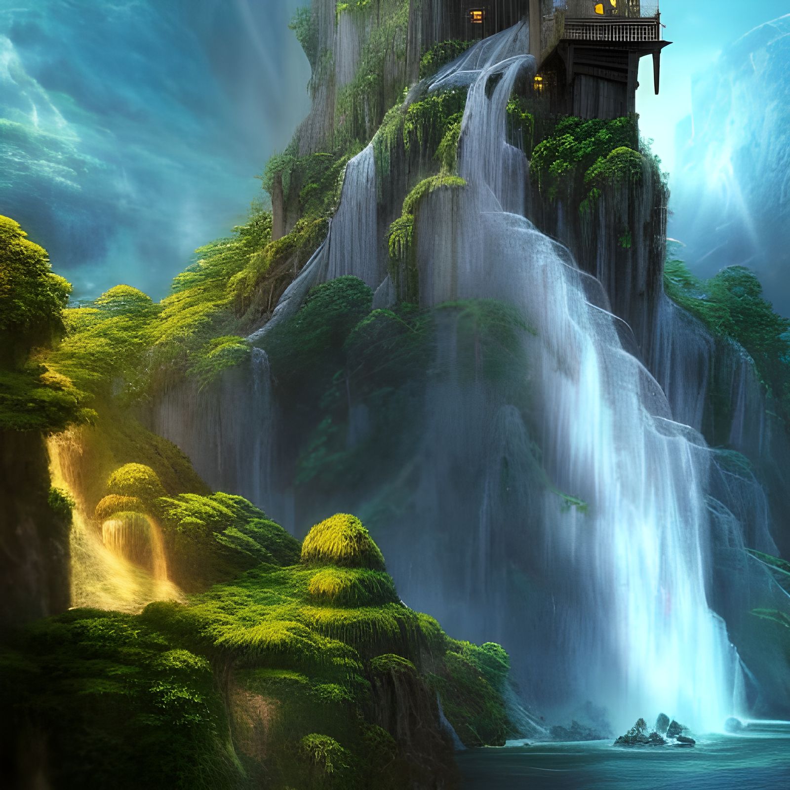 Fantasy Waterfall with Floating Castle
