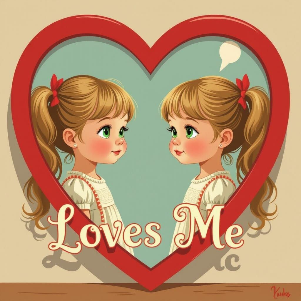 Girl in Heart Mirror, Whimsical Illustration