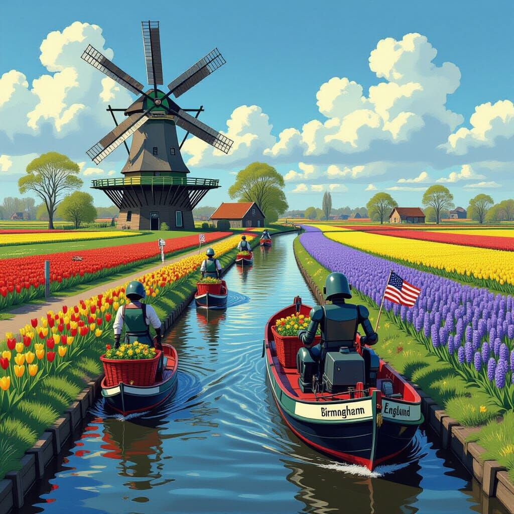Dutch Canal Scene with Robot and Windmill