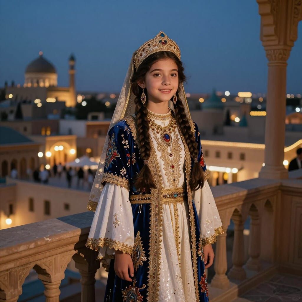 Persian Princess on Balcony Overlooking Ancient City at Twil...