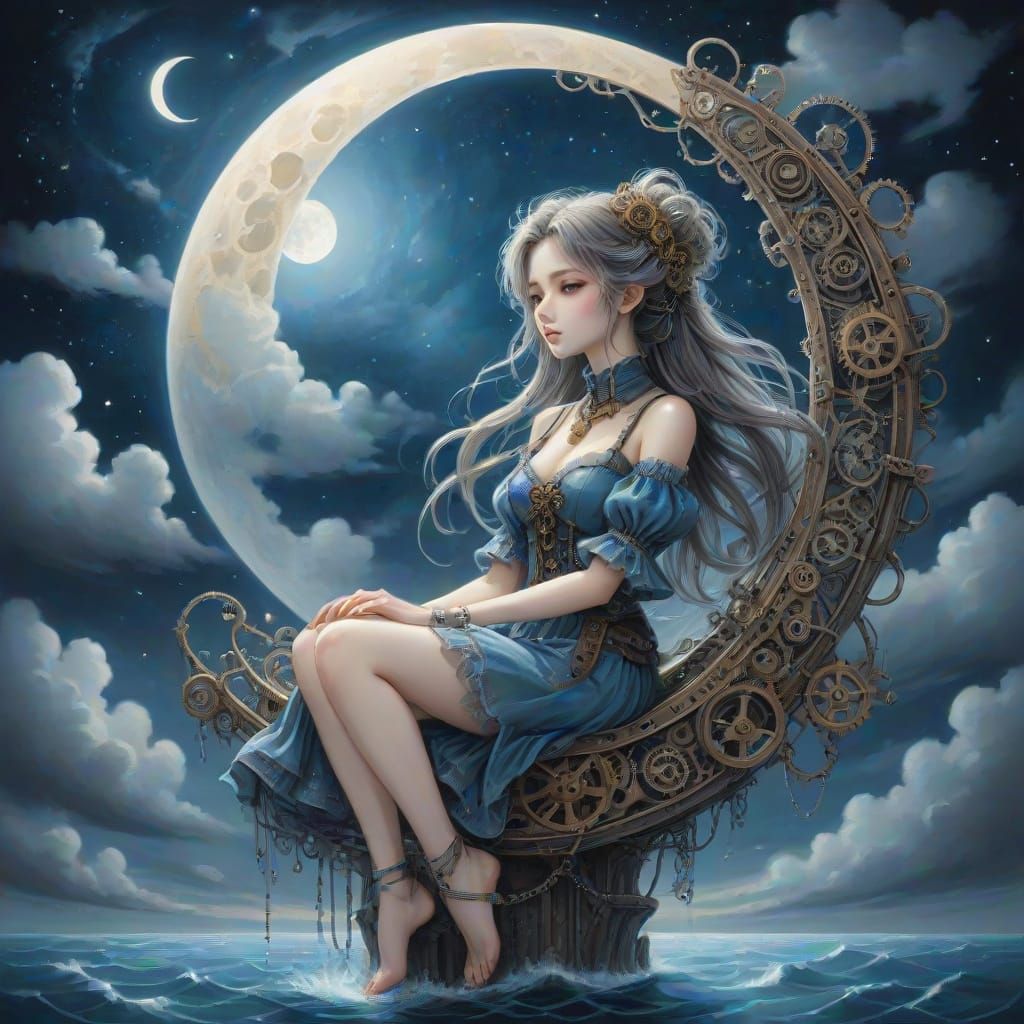 Steampunk Crescent Moon in Velvet Night Sky