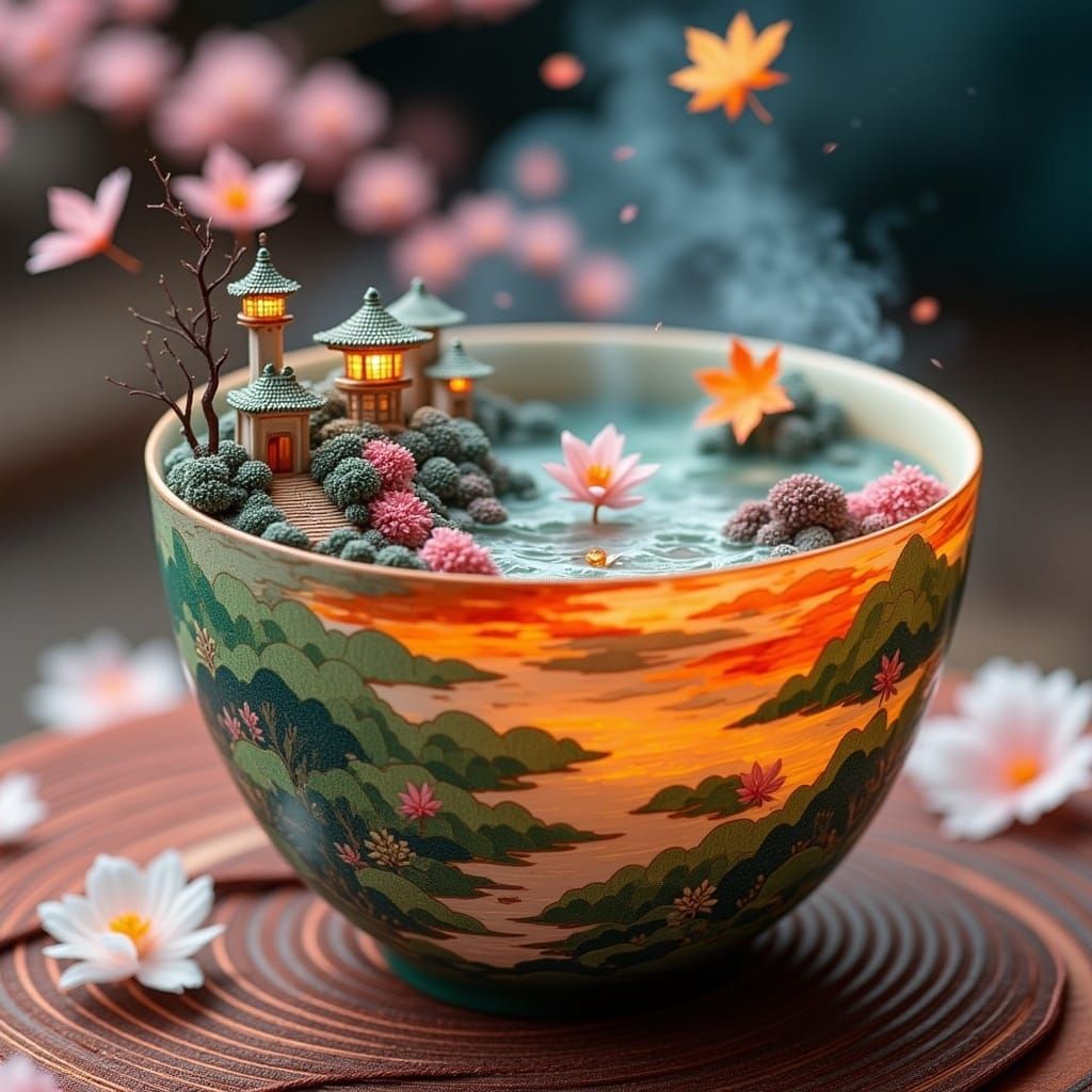 Intricate Teacup with Miniature Japan Landscape