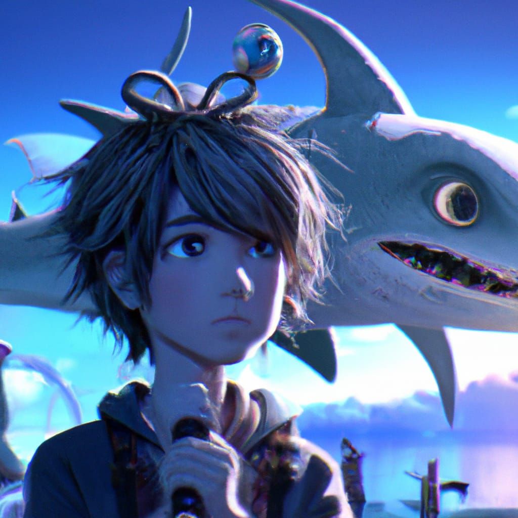 Boy and Shark Dragon in Anime Style