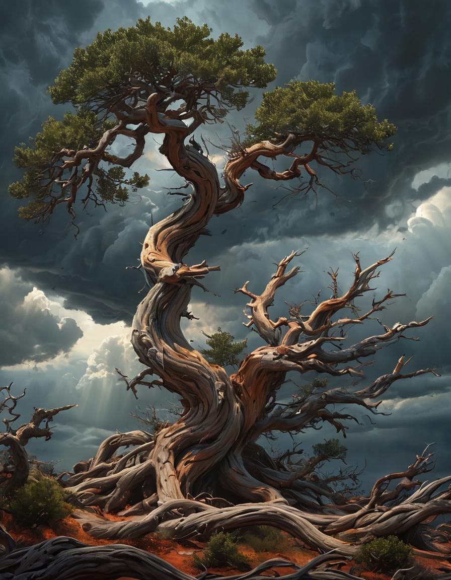 Epic Juniper Tree Bends in Stormy Landscape