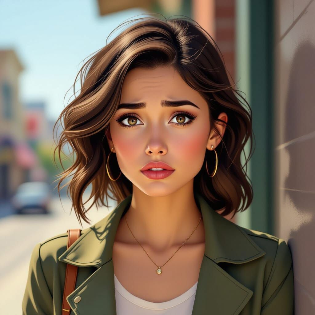 Worried Woman Stares Intently, Realistic Style