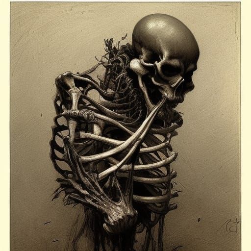 Skeleton Holding Head in Horror Art Style