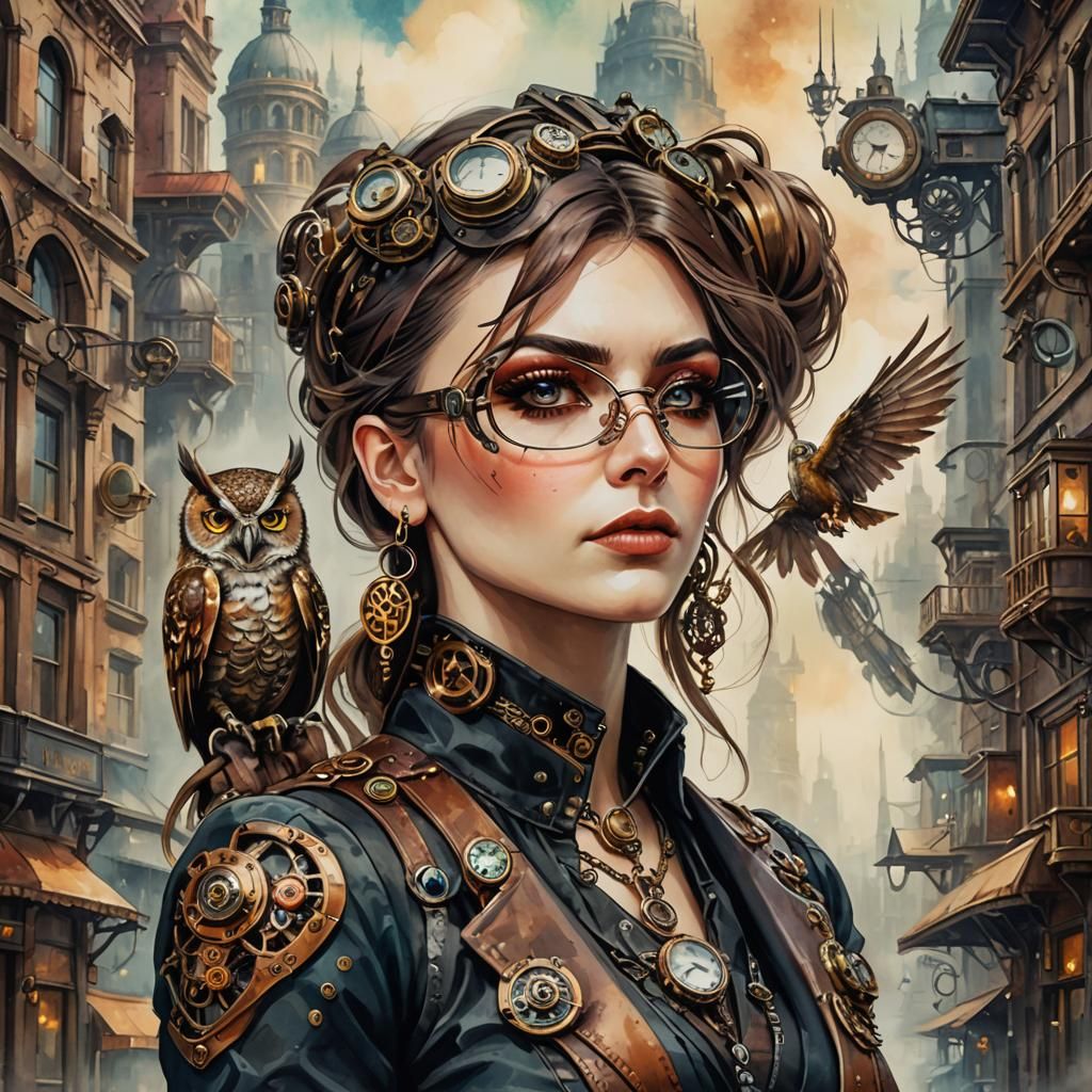 Steampunk Woman with Owl in Watercolor Style