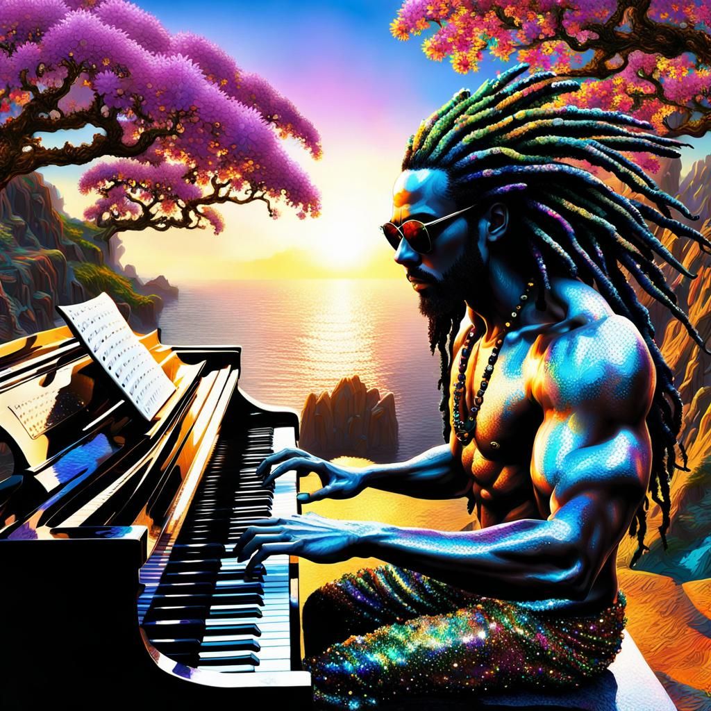 Man Plays Piano Amidst Fantasy Landscape
