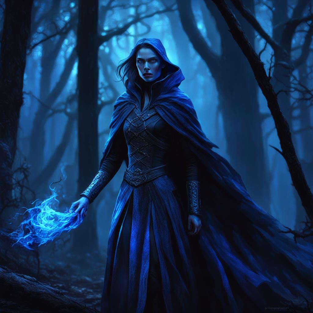 Woman in Dark Woods Protected by Blue Flames