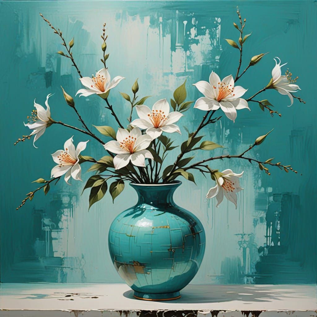 Turquoise Ikebana Painting: Lyrical Light