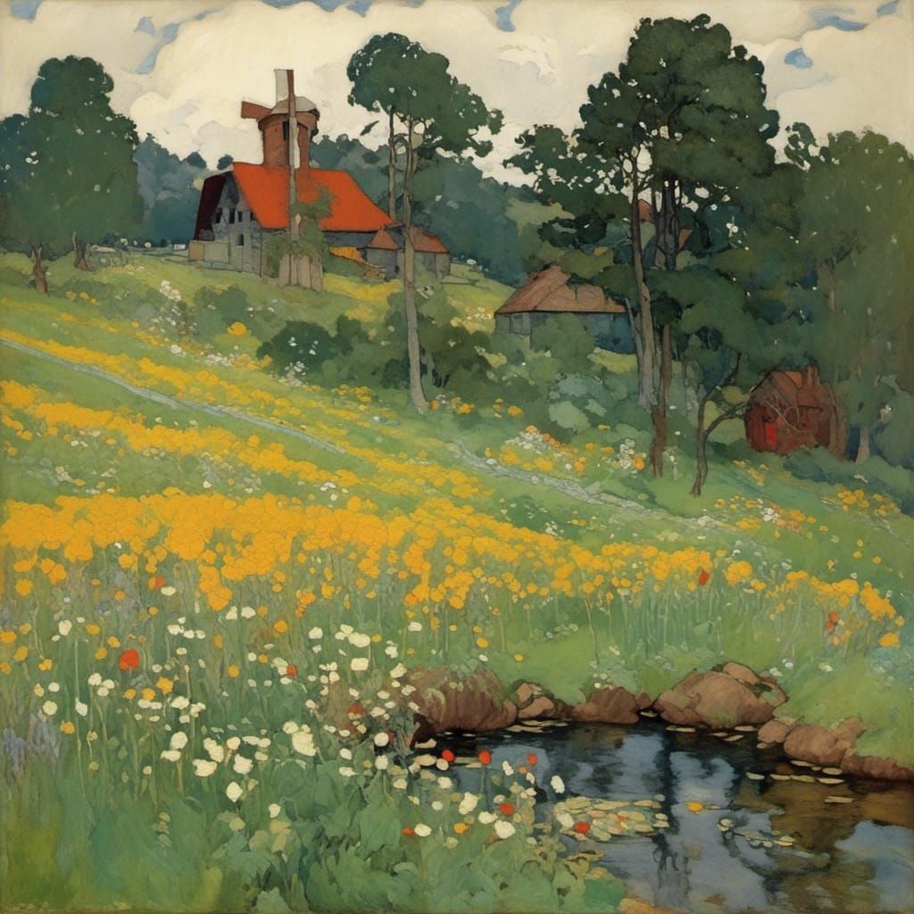 Picturesque Farmhouse on Hill with Flowers